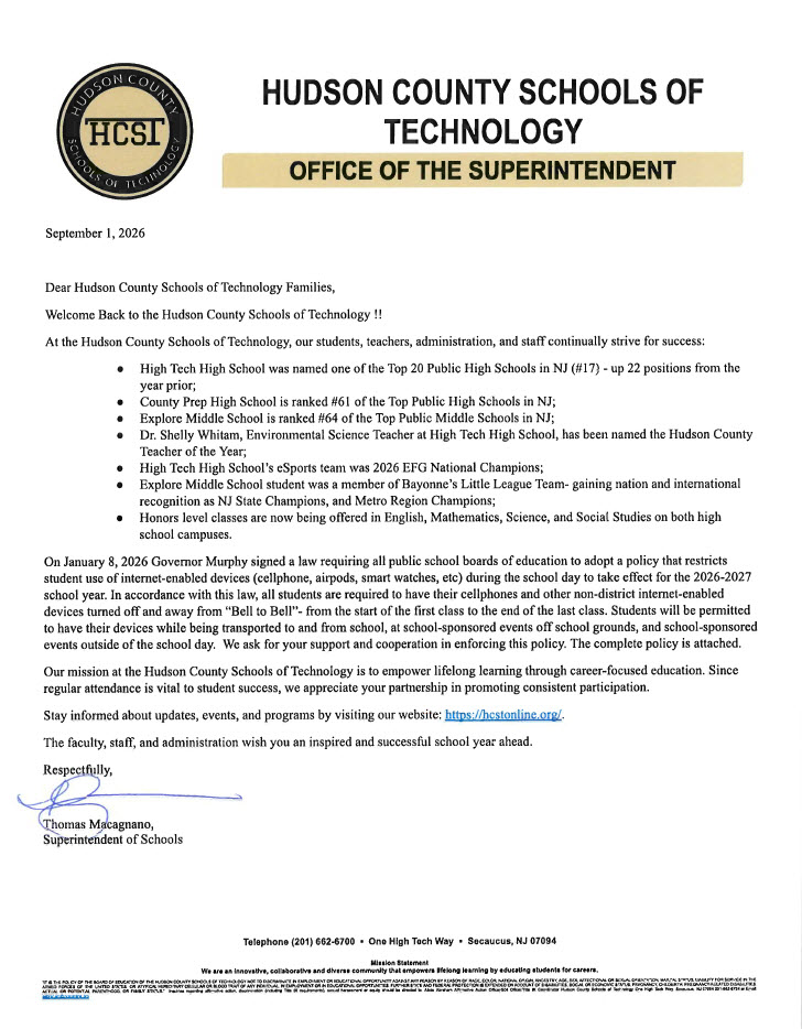 Welcome Back to HCST - A Message from Superintendent Thomas Macagnano
