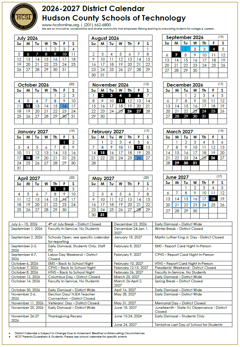 HCST District Calendar 2026-2027