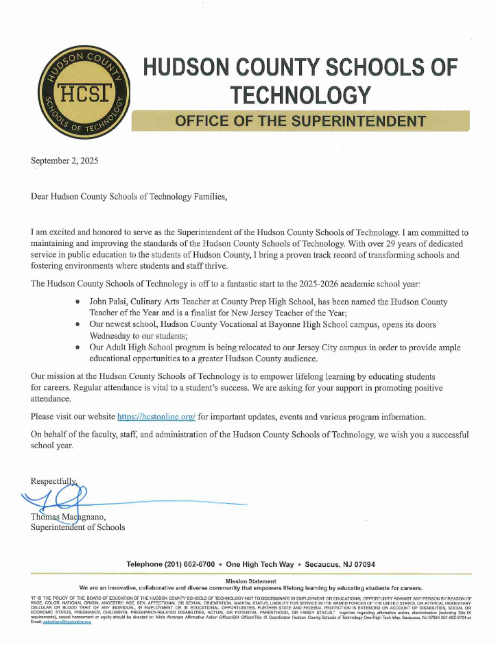 Superintendent Mr. Macagnano Welcome Letter